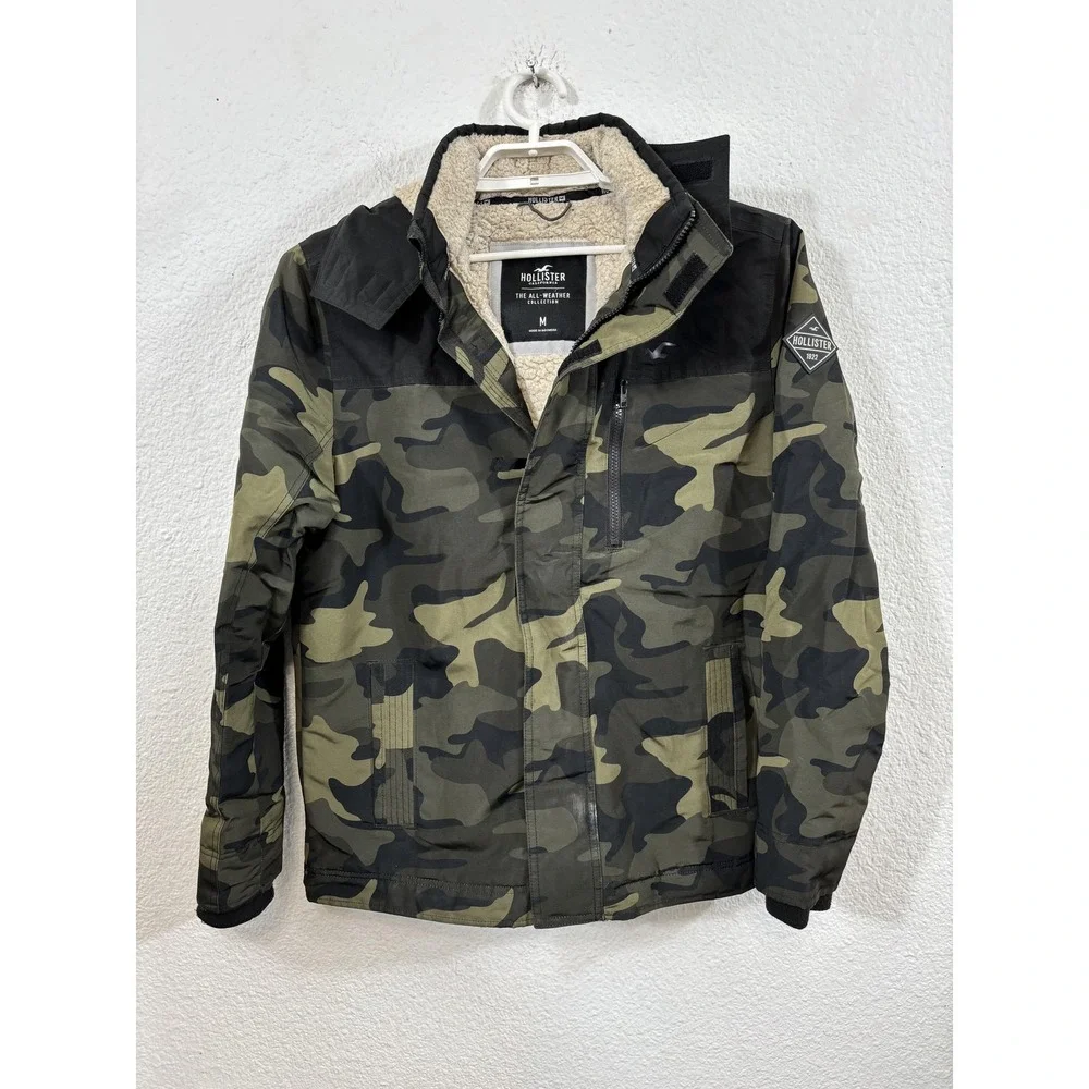 Hollister Jacket Mens Medium Green Camo All Weather Sherpa Lined Hooded Winter